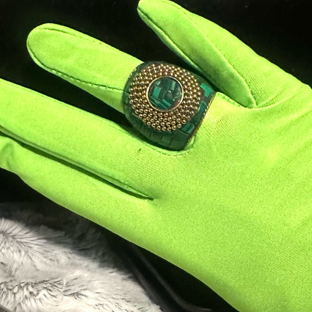 New crafted brass chunky tiled w/malachite unisex Ring 9, 8, 6 1/2, 6 3/4